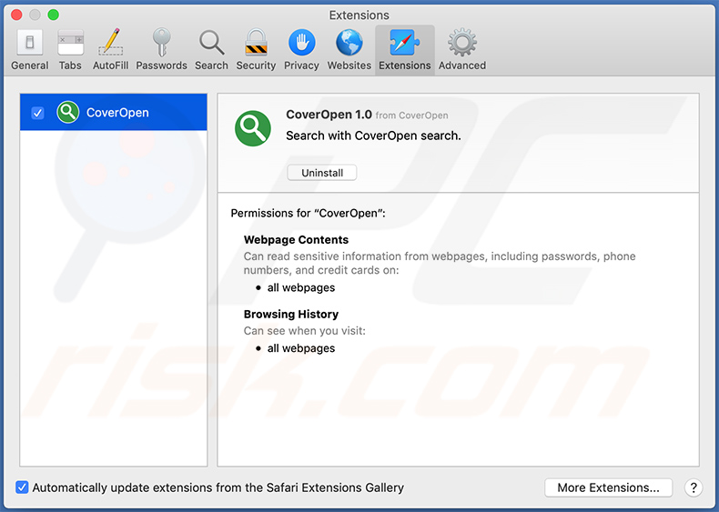 CoverOpen adware in Safari web browser
