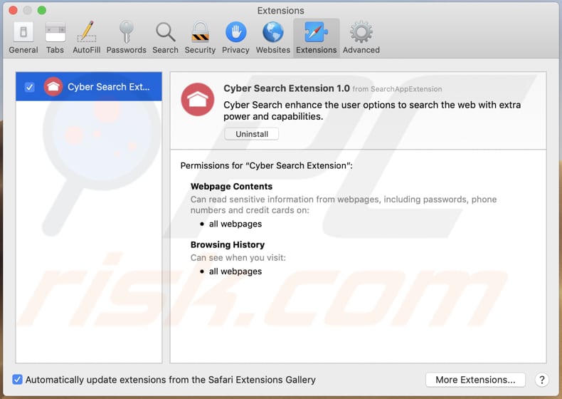 cyber search browser hijacker safari extension