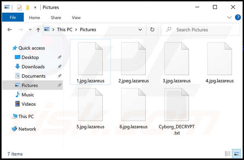 Files encrypted by CYBORG ransomware with .lazareus extension