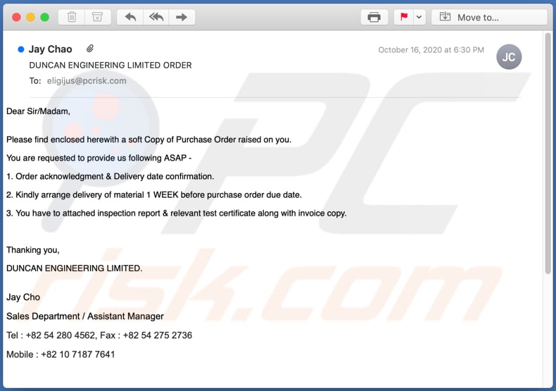 DUNCAN ENGINEERING LIMITED ORDER email virus malware-spreading email spam campaign