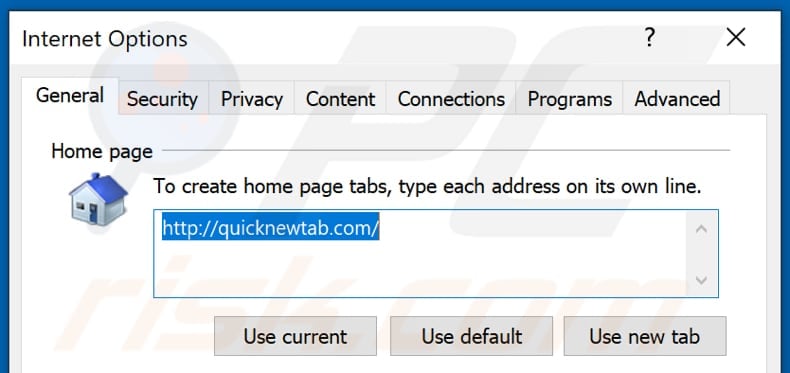 Removing quicknewtab.com from Internet Explorer homepage