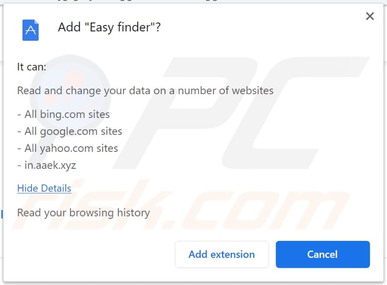 easy finder browser hijacker notification