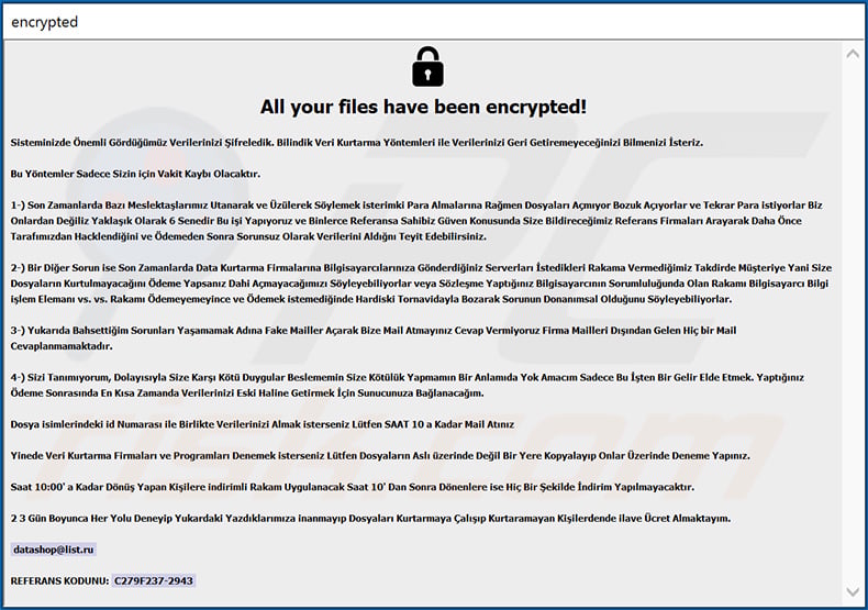 Pop-up of Turkish Eking ransomware variant