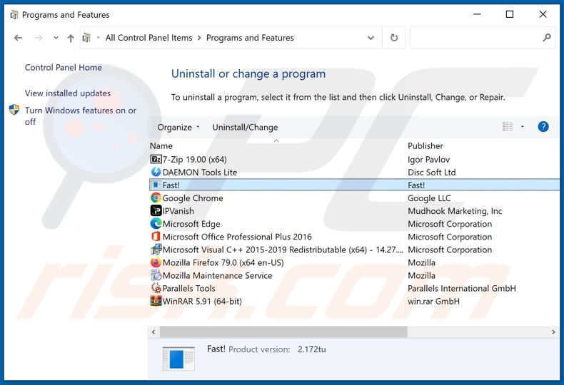 Fast! adware uninstall via Control Panel