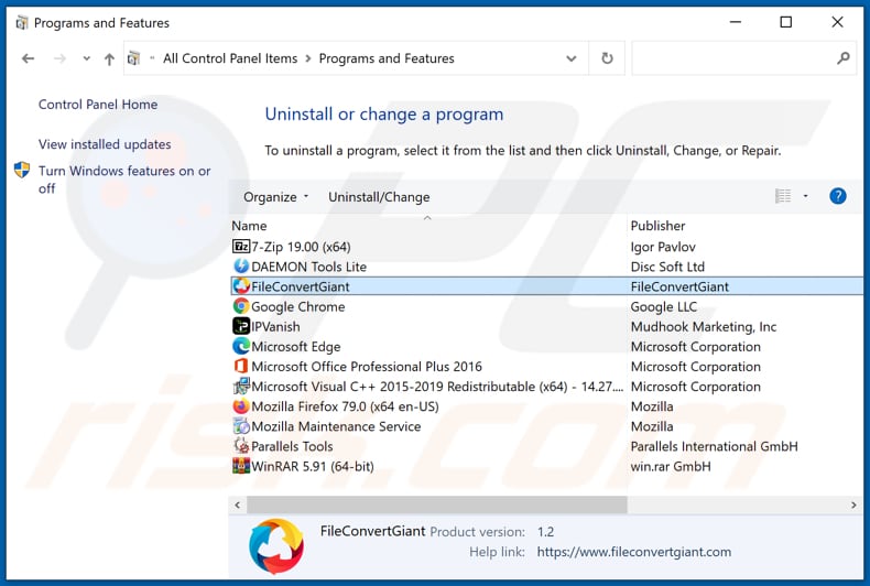 FileConvertGiant adware uninstall via Control Panel