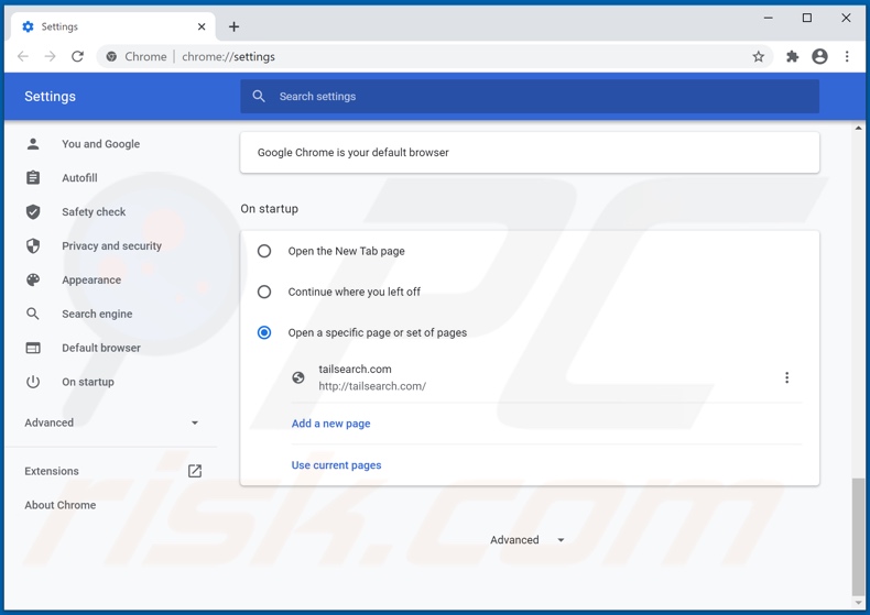 Removing tailsearch.com from Google Chrome homepage
