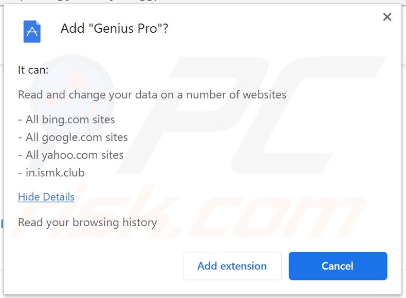 Genius Pro browser hijacker asking for permissions