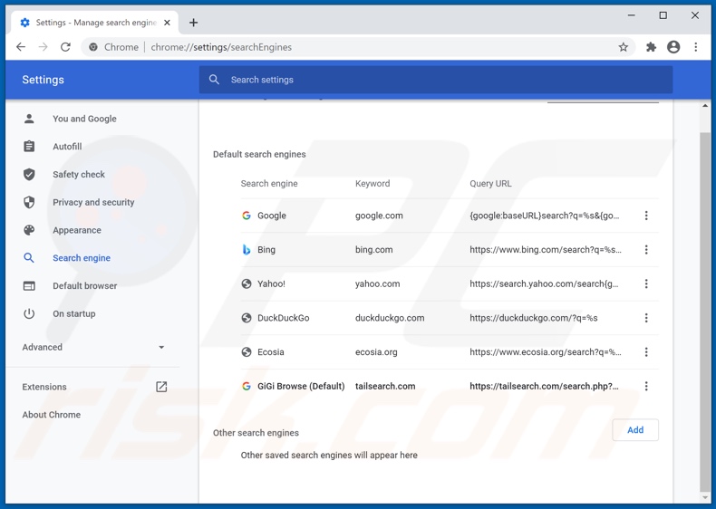Removing tailsearch.com from Google Chrome default search engine