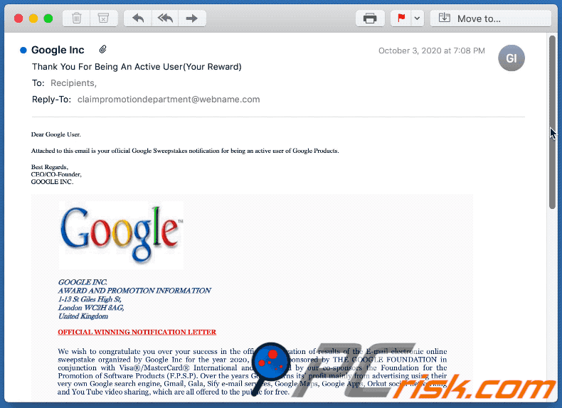 Google-themed spam email (2020-10-05)