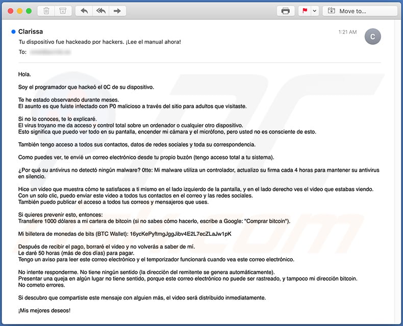 Spanish variant of Hacker Who Has Access To Your Operating System spam email