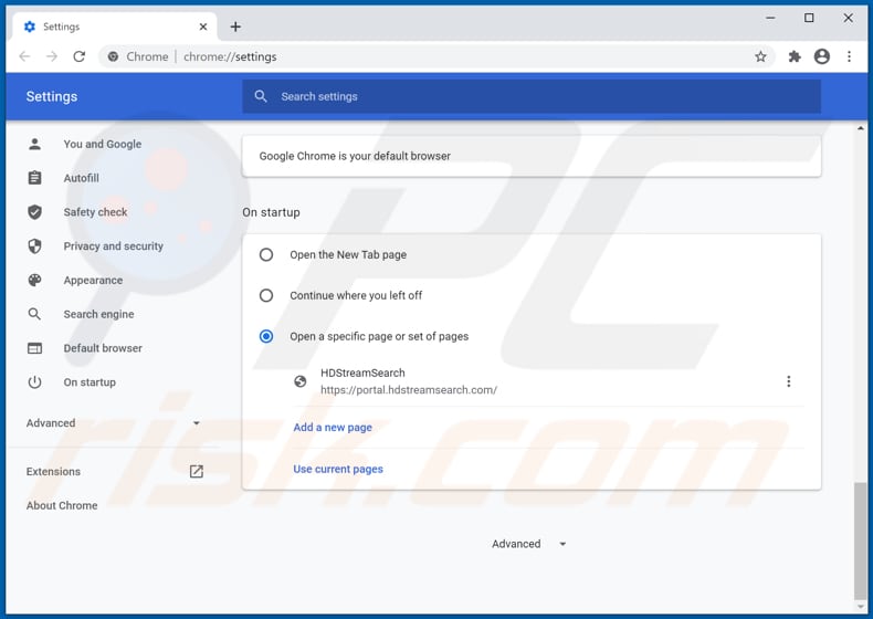 Removing hdstreamsearch.com from Google Chrome homepage