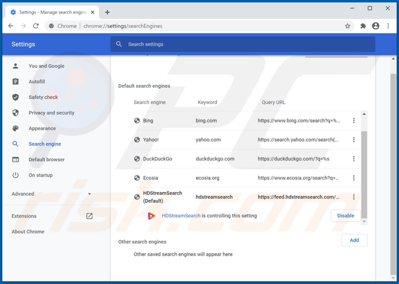 Removing hdstreamsearch.com from Google Chrome default search engine