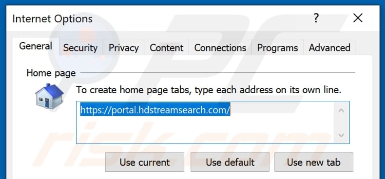 Removing hdstreamsearch.com from Internet Explorer homepage