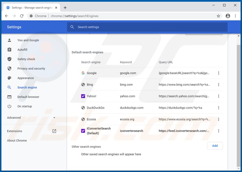 Removing iconvertersearch.com from Google Chrome default search engine