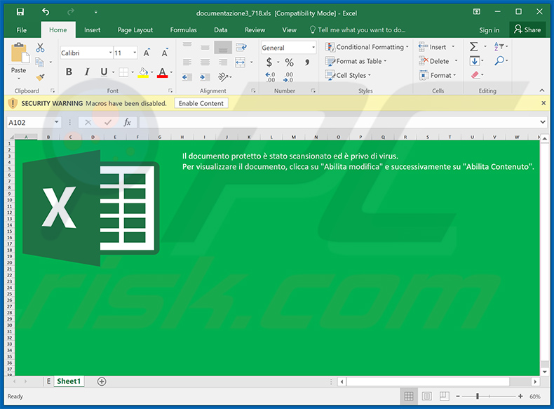 Malicious MS Excel document distributed via INPS-themed spam emails