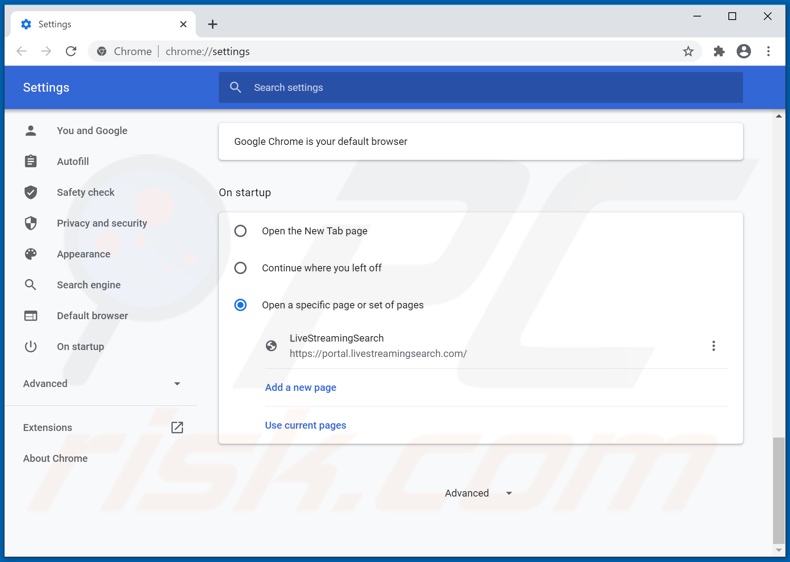 Removing livestreamingsearch.com from Google Chrome homepage