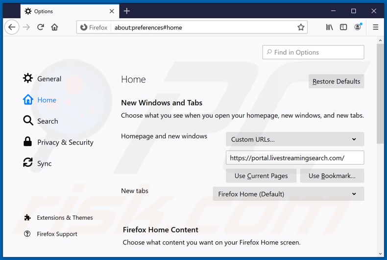 Removing livestreamingsearch.com from Mozilla Firefox homepage