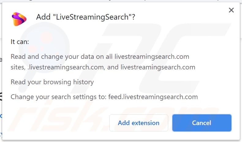 LiveStreamingSearch browser hijacker asking for permissions