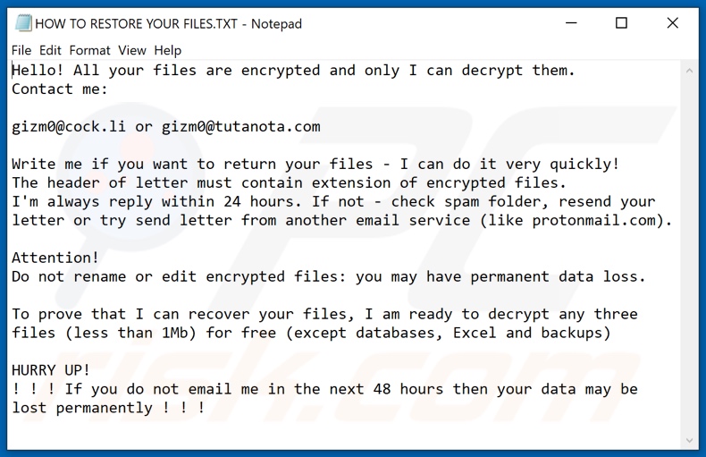 Lizehopm decrypt instructions (HOW TO RESTORE YOUR FILES.TXT)