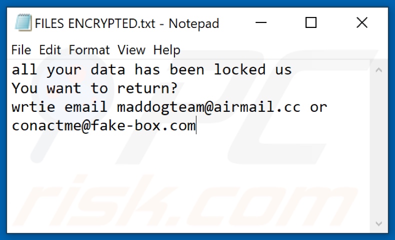 MadDog ransomware text file (FILES ENCRYPTED.txt)