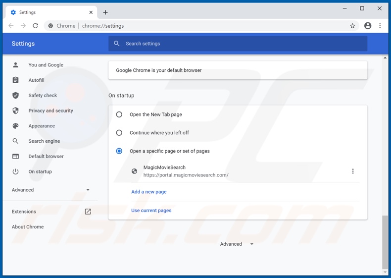 Removing magicmoviesearch.com from Google Chrome homepage