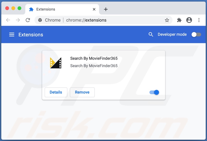 MovieFinder365 browser hijacker installed onto Chrome