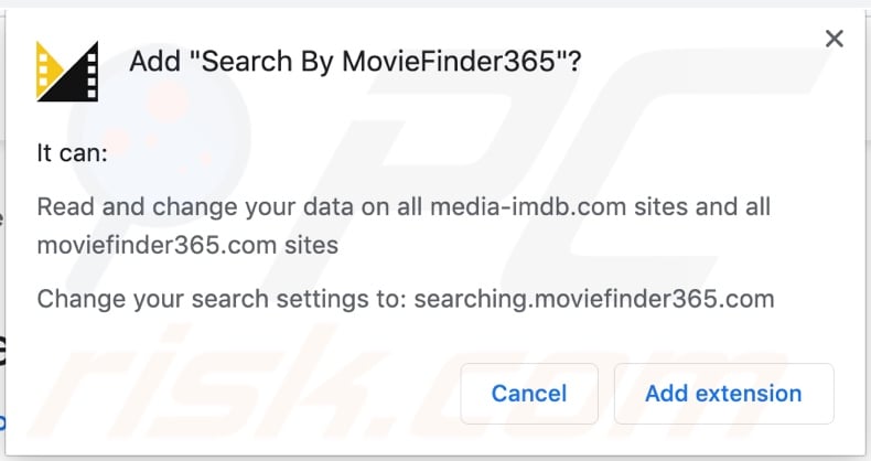 MovieFinder365 browser hijacker asking for permissions (Chrome)