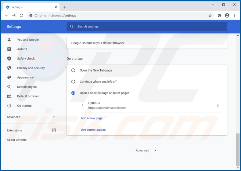 Removing optimumsearch.net from Google Chrome homepage