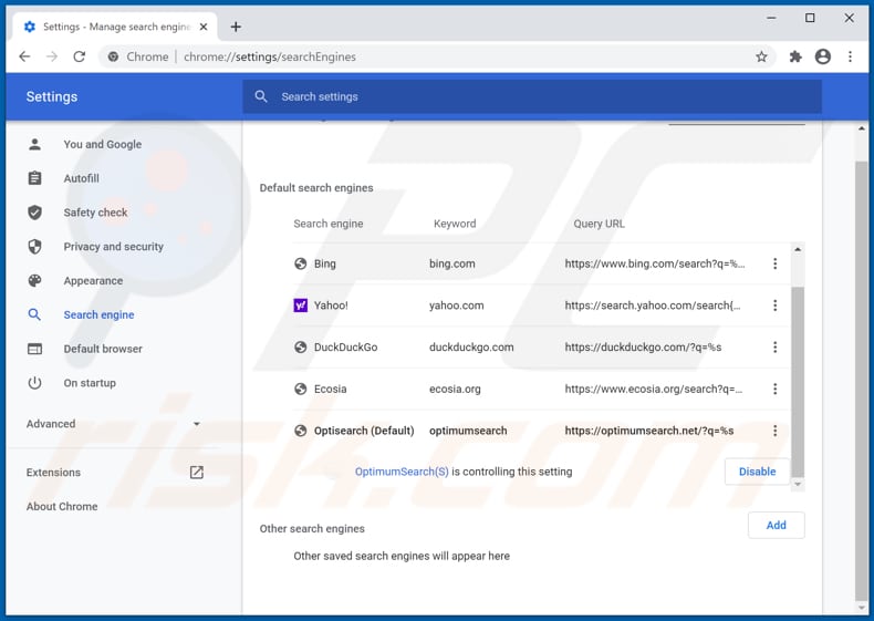 Removing optimumsearch.net from Google Chrome default search engine