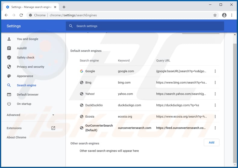 Removing ourconvertersearch.com from Google Chrome default search engine