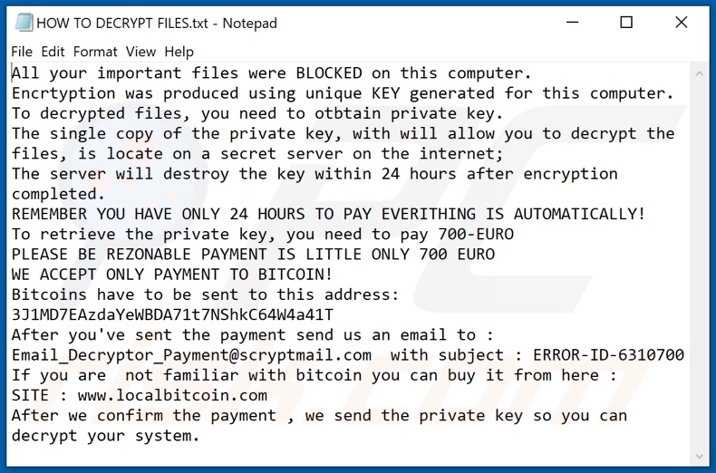 PAY IN 24 HOURS decrypt instructions (HOW TO DECRYPT FILES.txt)