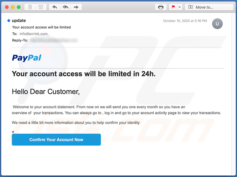 PayPal-themed phishing mail used to promote deceptive sites (2020-10-12 - sample 1)