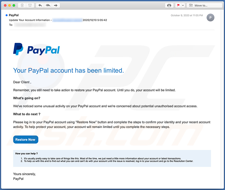 PayPal-themed phishing mail used to promote deceptive sites (2020-10-12 - sample 2)