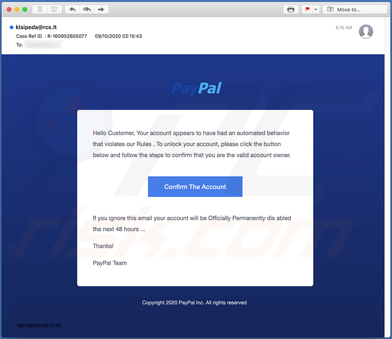 PayPal-themed spam email used for phishing purposes (2020-10-09)
