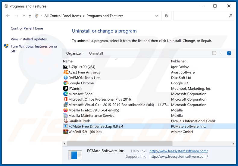 PCMate Free Driver Backup adware uninstall via Control Panel