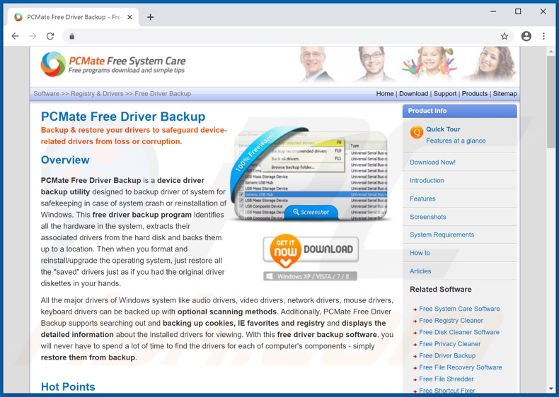 Website used to promote PCMate Free Driver Backup PUA