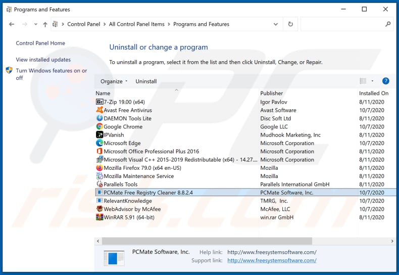 PCMate Free Registry Cleaner adware uninstall via Control Panel