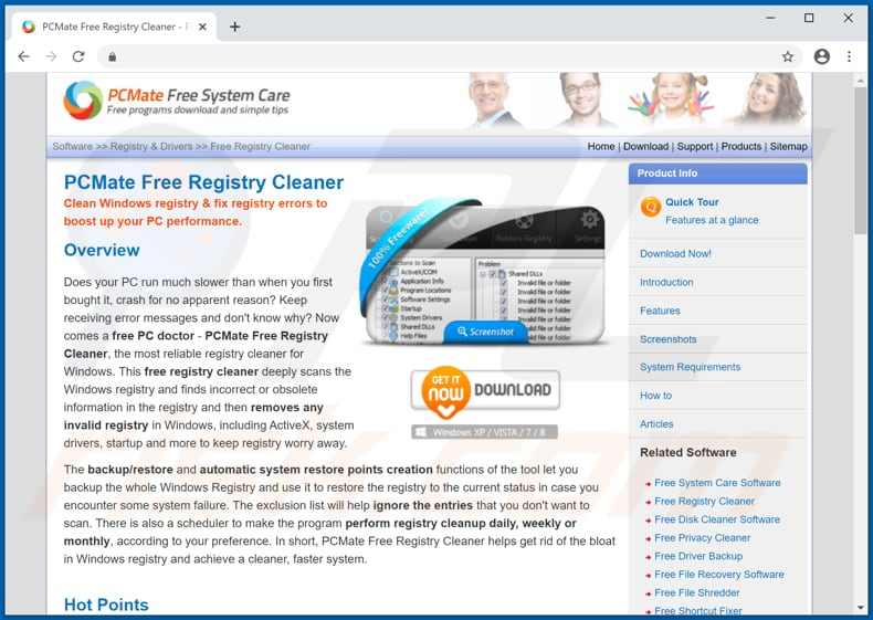 Website used to promote PCMate Free Registry Cleaner PUA