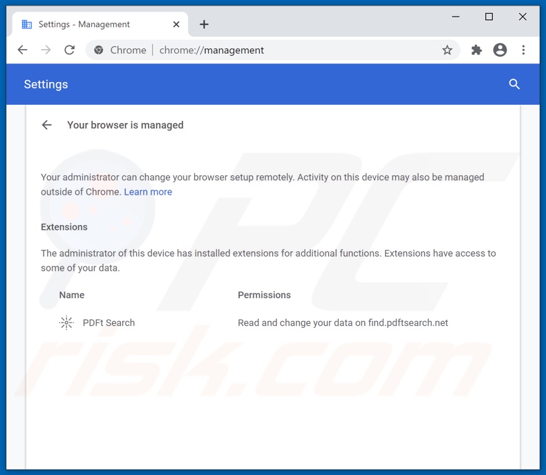 PDFt Search browser hijacker added Managed by your organization feature to Chrome