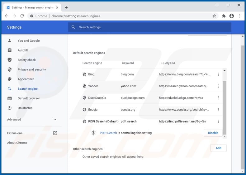 Removing find.pdftsearch.net from Google Chrome default search engine