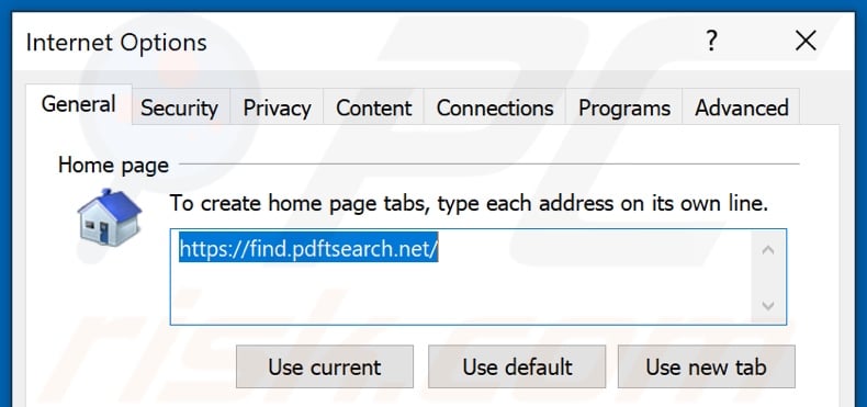 Removing find.pdftsearch.net from Internet Explorer homepage