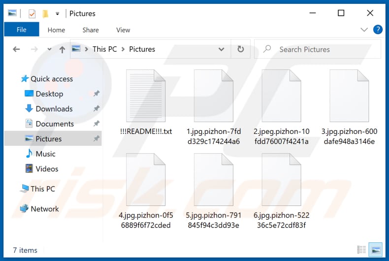 Files encrypted by Pizhon ransomware (.pizhon and a string of random characters as extension)