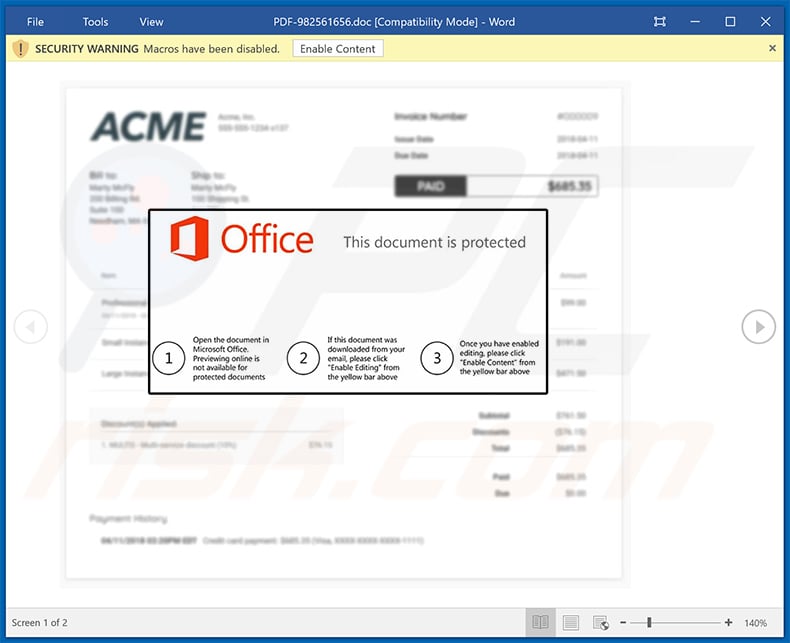 QuickBooks spam email spreading a malicious MS Word document which injects Dridex
