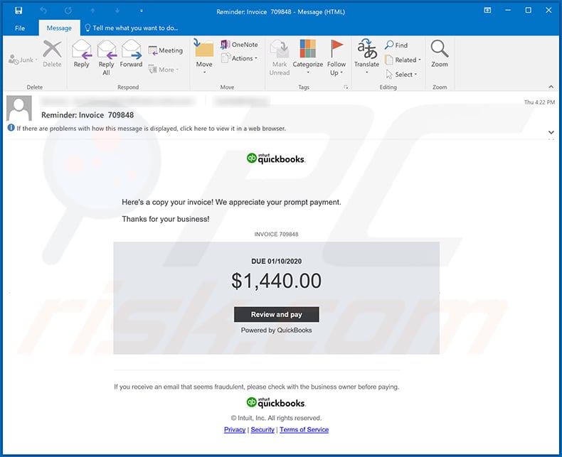 QuickBooks spam email spreading Dridex malware