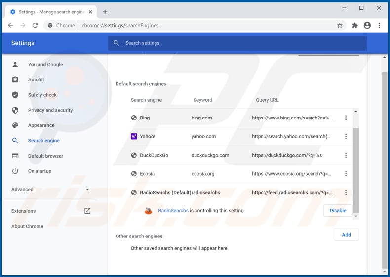 Removing radiosearchs.com from Google Chrome default search engine