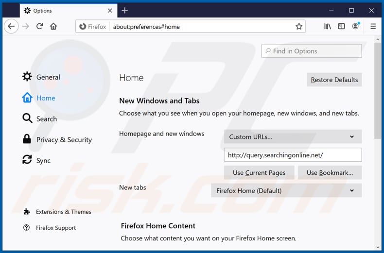 Removing query.searchingonline.net from Mozilla Firefox homepage