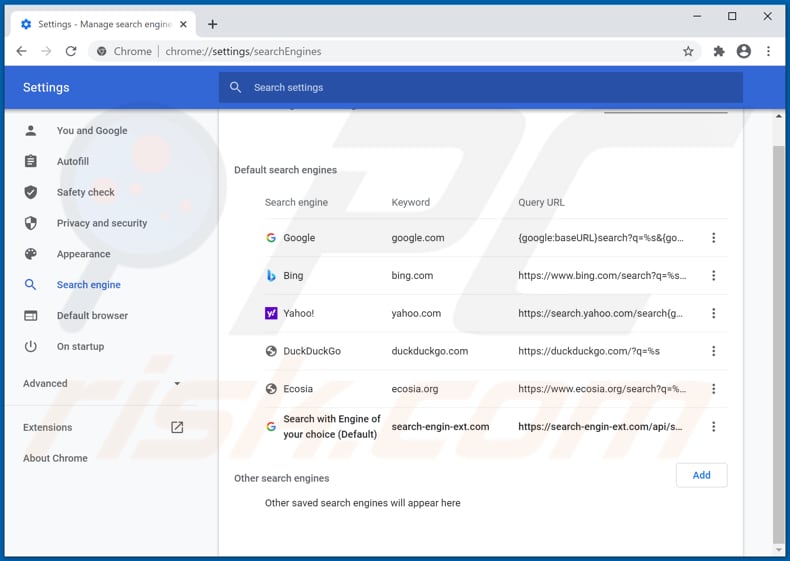 Removing earch-engin-ext.com from Google Chrome default search engine