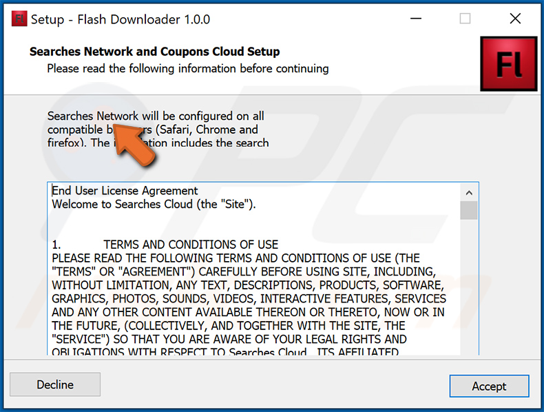 searches.network browser hijacker-promoting fake Flash player installation setup