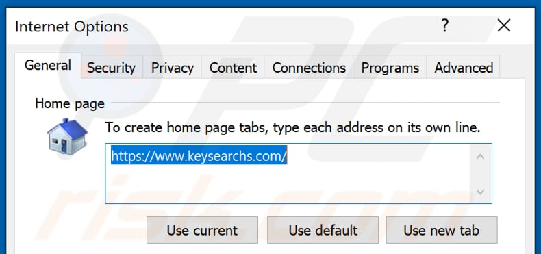 Removing keysearchs.com from Internet Explorer homepage