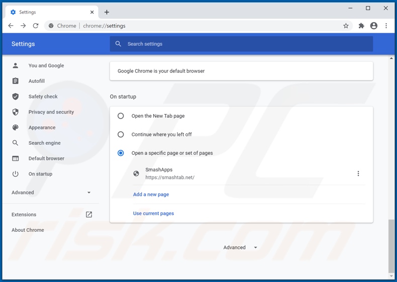 Removing smashtab.net from Google Chrome homepage